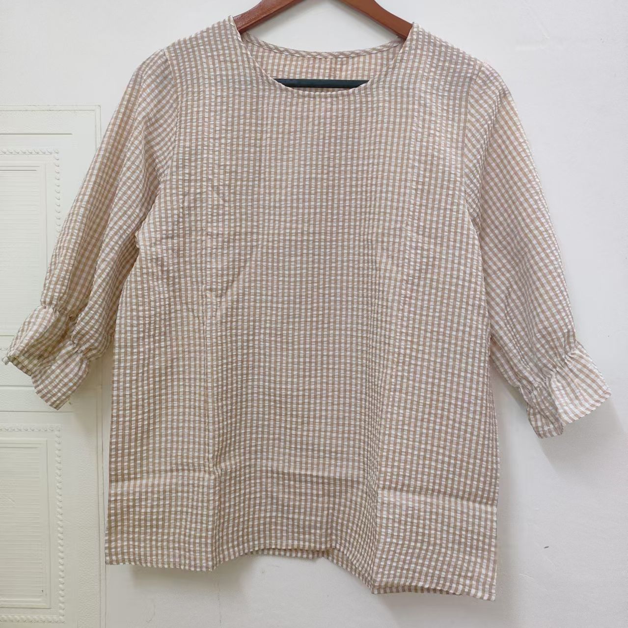 英倫格紋x顯瘦喇叭袖 優雅圓領上衣 寬鬆襯衫顯瘦微喇袖