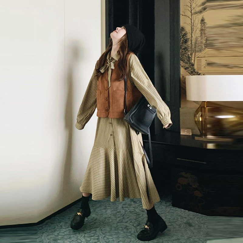 韓系條紋襯衫洋裝＋背心 兩件式套裝 長袖成套穿搭 設計感新款