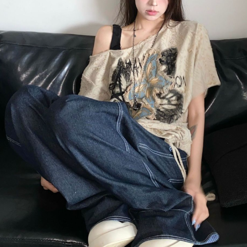 美式復古蝴蝶印花寬鬆長版T恤 個性設計感 休閒百搭上衣