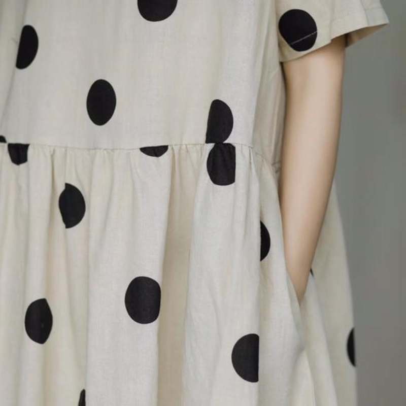 文藝復古波點棉麻長洋 大碼寬鬆棉麻連身裙 復古V領短袖棉麻長裙