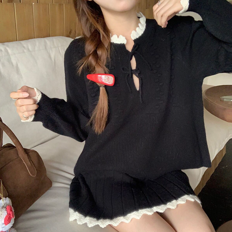 溫柔系針織套裝 蝴蝶結織紋上衣＋百褶裙 兩件式 顯瘦減齡