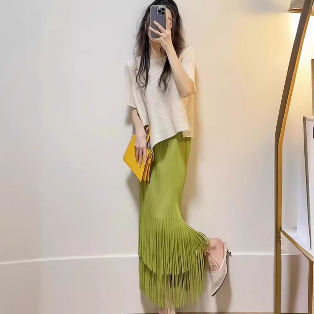 清新壓褶流蘇長裙套裝 氣質輕熟風 薄荷綠穿搭 半身裙兩件式