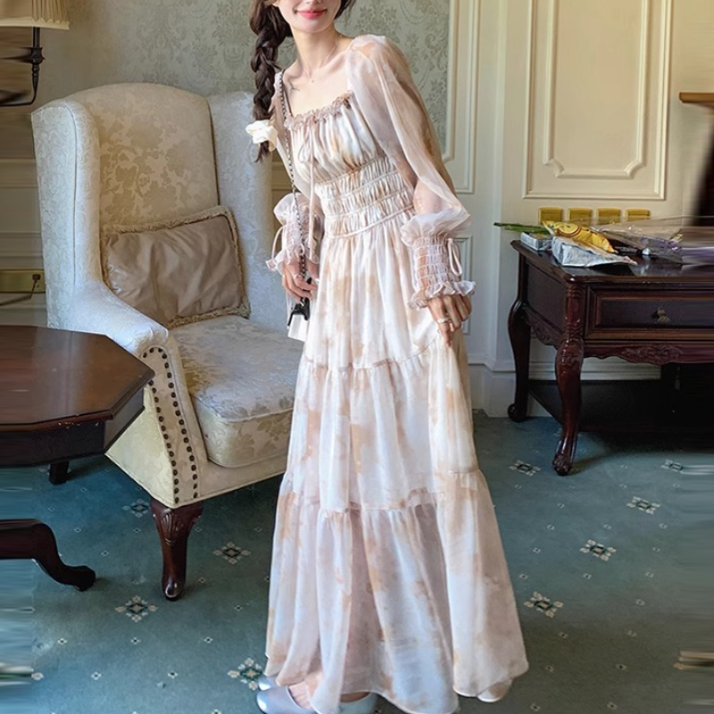 飄逸雪紡法式方領泡泡袖長洋 碎花初戀風顯瘦雪紡裙