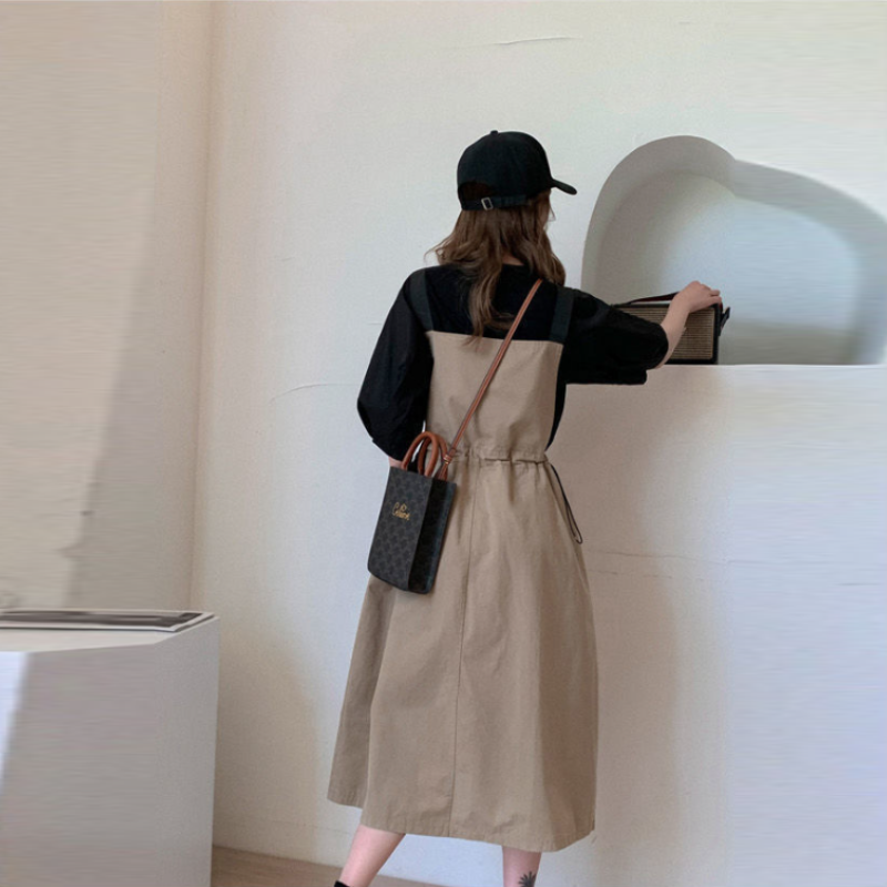 韓版寬鬆背帶裙兩件套-顯瘦收腰設計连身裙 泡泡袖花苞上衣