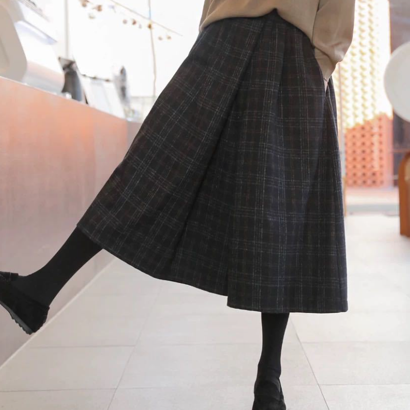 簡約．秋冬格子毛呢褲裙寬褲鬆緊腰