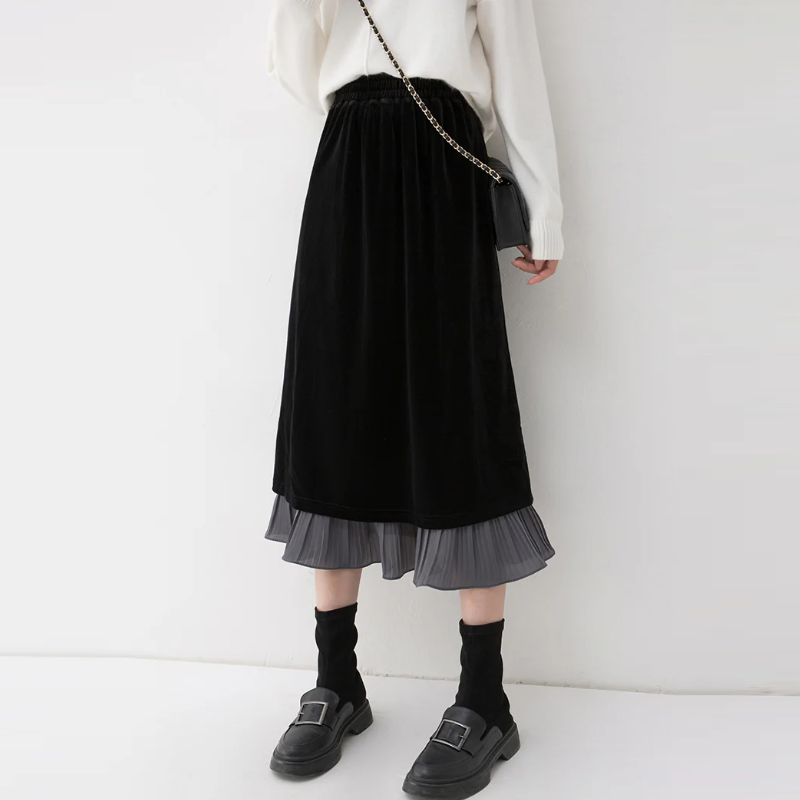 多巴胺絲絨撞色半身裙女2024秋冬新款黑色高腰氣質半裙假兩件