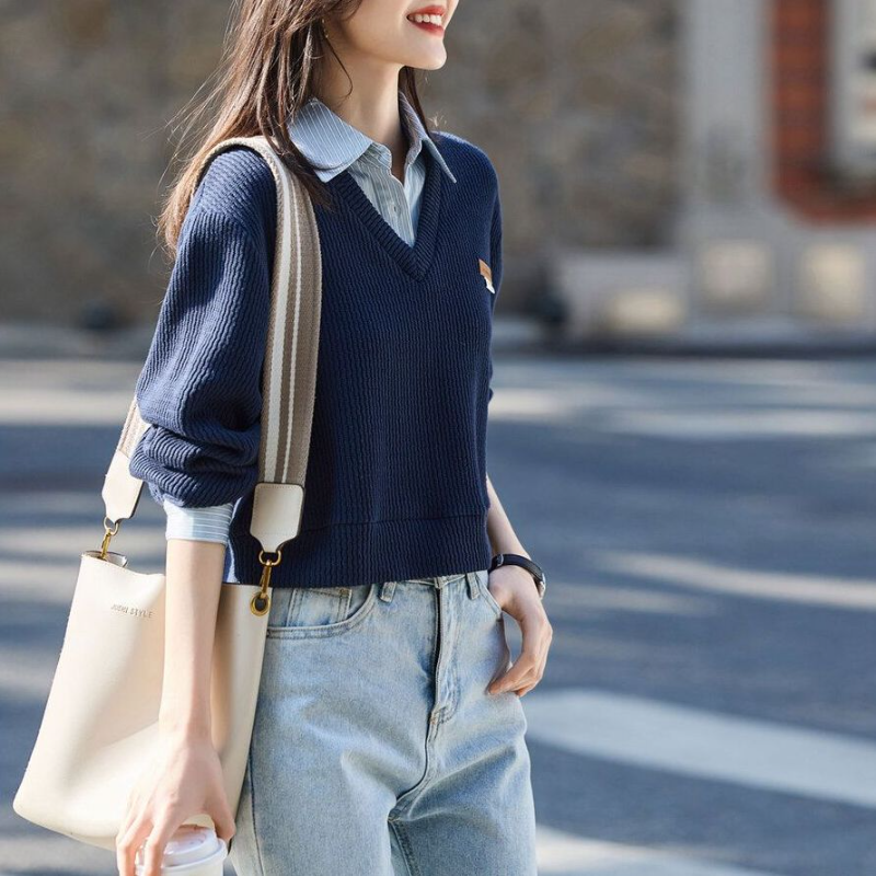 翻領條紋針織拼接假兩件上衣 休閒剪裁 春秋百搭款