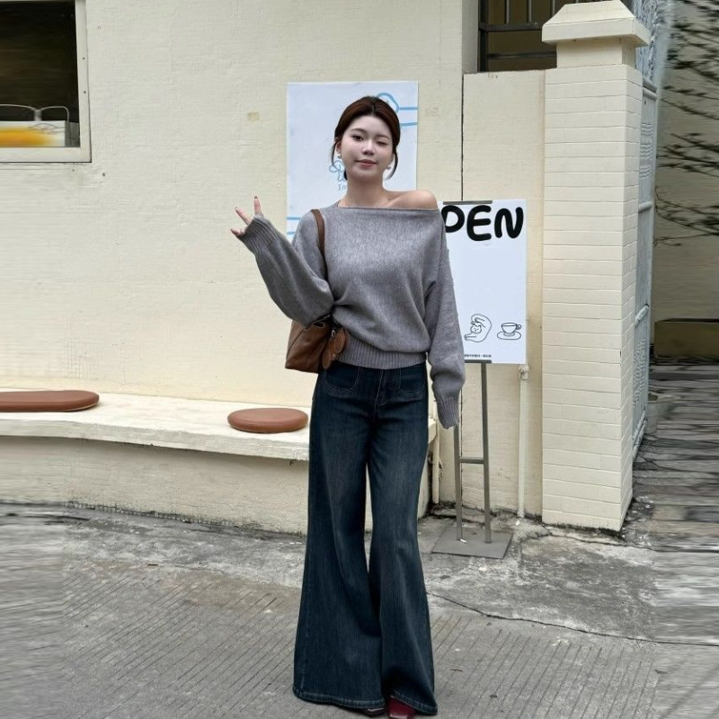 一字領露肩針織上衣 秋季慵懶風 長袖顯瘦 溫柔韓系毛衣