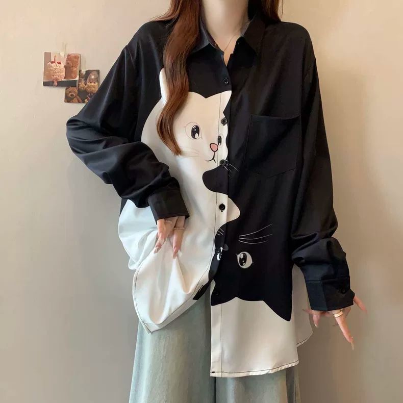 大尺碼貓咪印花襯衫 長袖寬鬆版 顯瘦遮肉（黑/白）