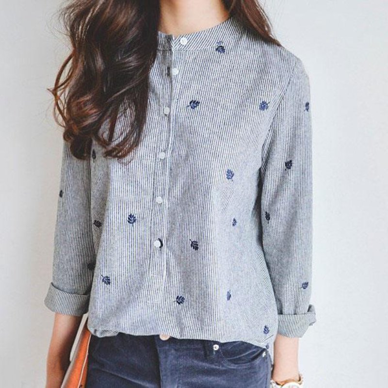 春秋立領條紋襯衫 長袖寬鬆顯瘦簡約通勤韓版上衣