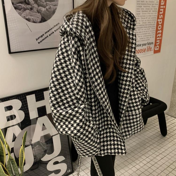 復古千鳥格連帽寬鬆呢料外套-小香風春秋大衣