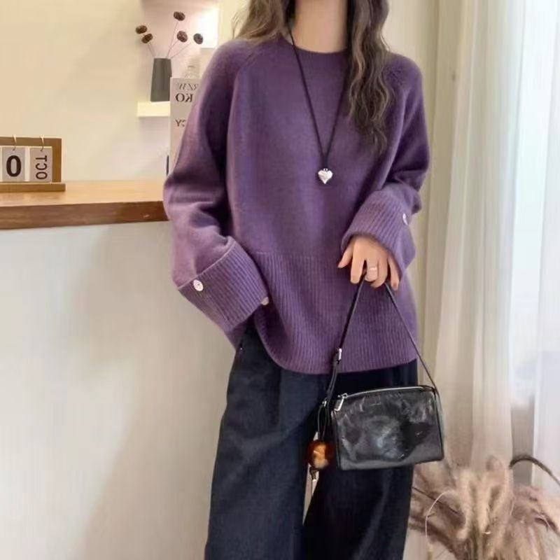 圓領慵懶針織上衣 秋冬新款 親膚柔軟 寬鬆版 袖口釦飾 百搭