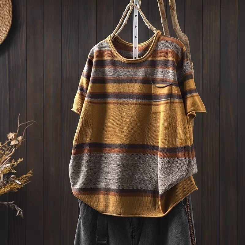 春夏條紋針織短袖T恤 寬鬆圓領上衣百搭休閒款