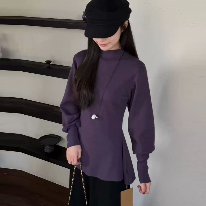 法式半高領荷葉擺針織上衣 燈籠袖 收腰版型 比例更好看