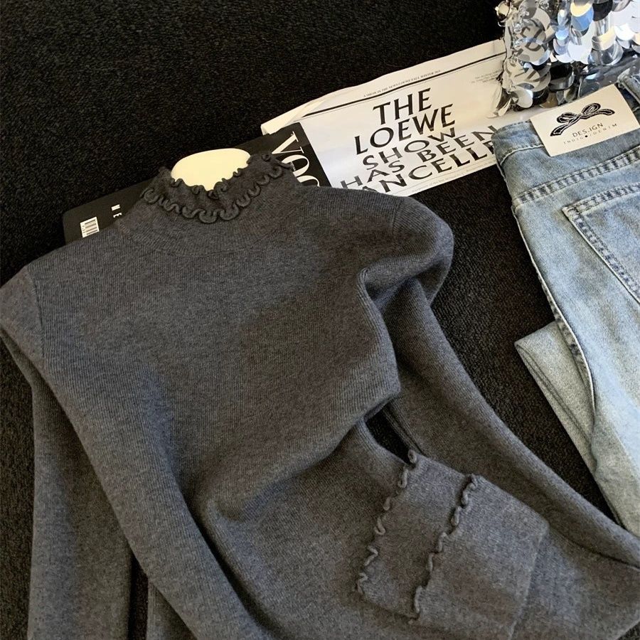 木耳邊半高領針織上衣 素色百搭設計 秋冬修身毛衣