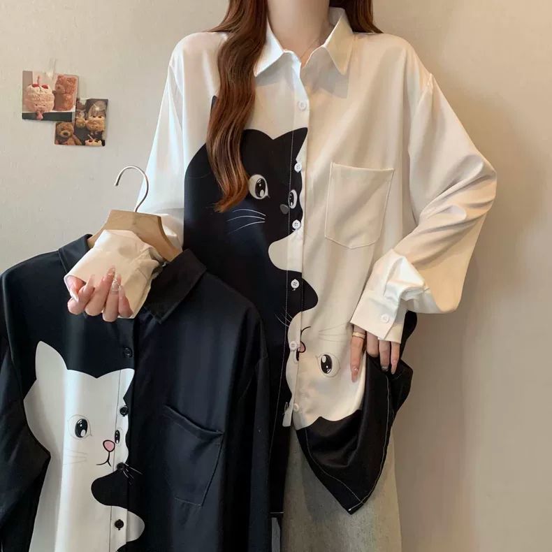 大尺碼貓咪印花襯衫 長袖寬鬆版 顯瘦遮肉（黑/白）