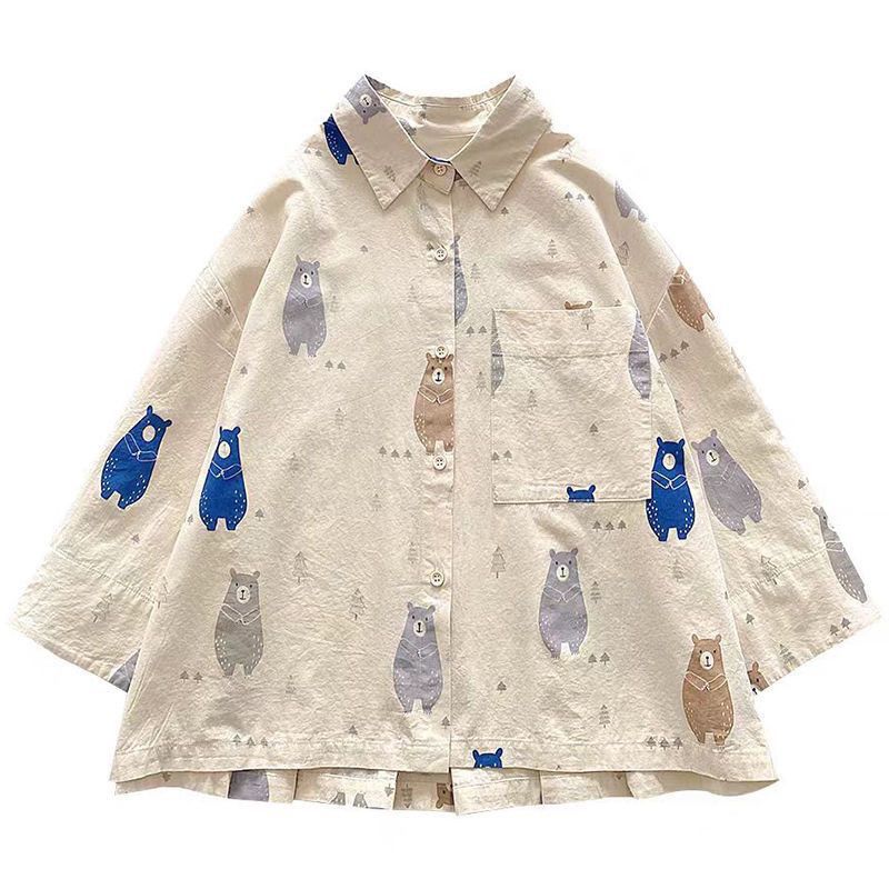 日系波點七分袖襯衫-休閒寬鬆短款上衣