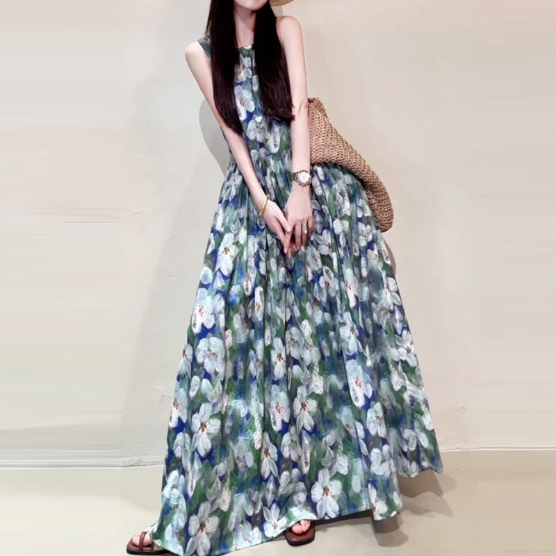 清新印花及踝長洋裝 無袖寬鬆大擺設計 渡假風飄逸款 度假感長洋裝