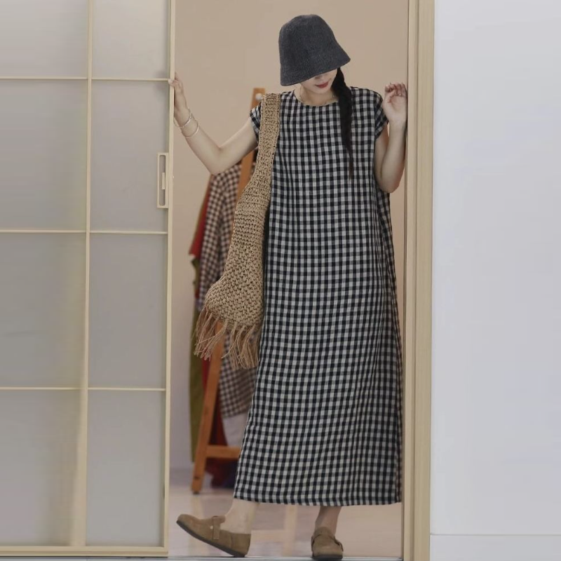棉麻格紋無袖長洋裝 復古文青風