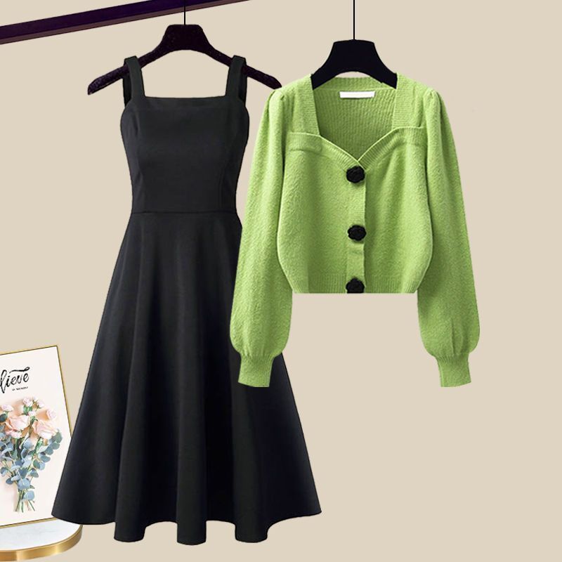 日系風格兩件式套裝 高質感無袖連身裙+針織外套 早秋氣質穿搭