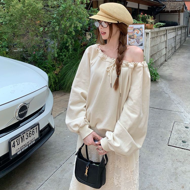 韓系綁帶斜肩寬鬆大學T 慵懶感套頭長袖上衣