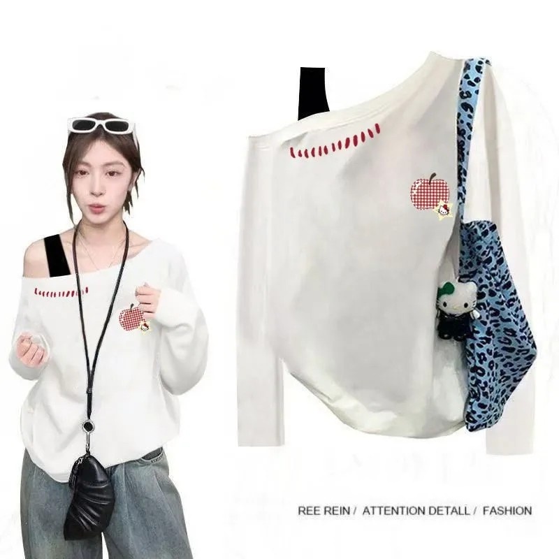 純棉斜肩假兩件長袖T恤 秋季寬鬆 設計感印花 不對稱露肩 百搭