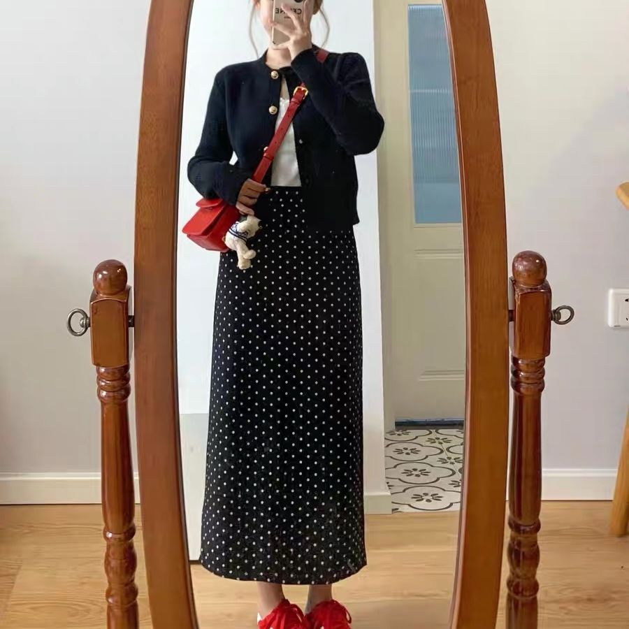 【單品可選】加大黑色小香風套裝 圓點洋裝＋針織開襟外套 兩件式成套 優雅顯瘦