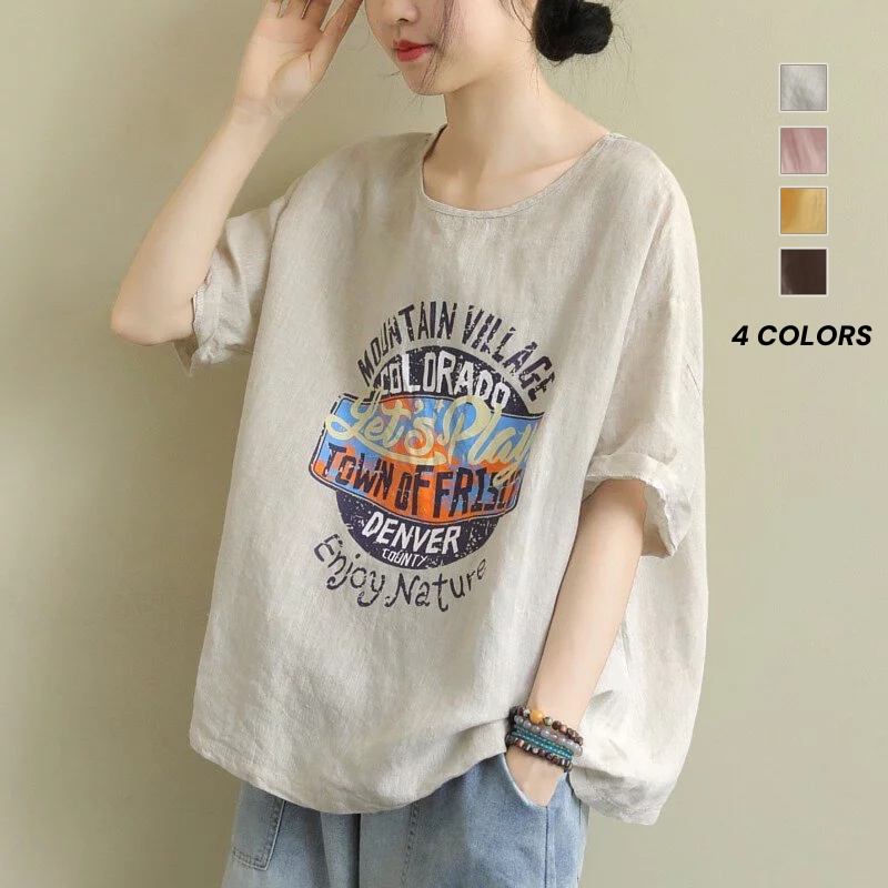 簡約．字母印花圖案上衣  棉麻印花短袖 圓領休閒t恤