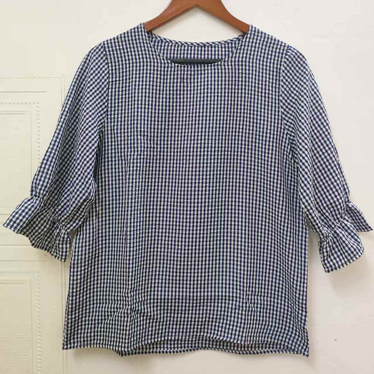 英倫格紋x顯瘦喇叭袖 優雅圓領上衣 寬鬆襯衫顯瘦微喇袖