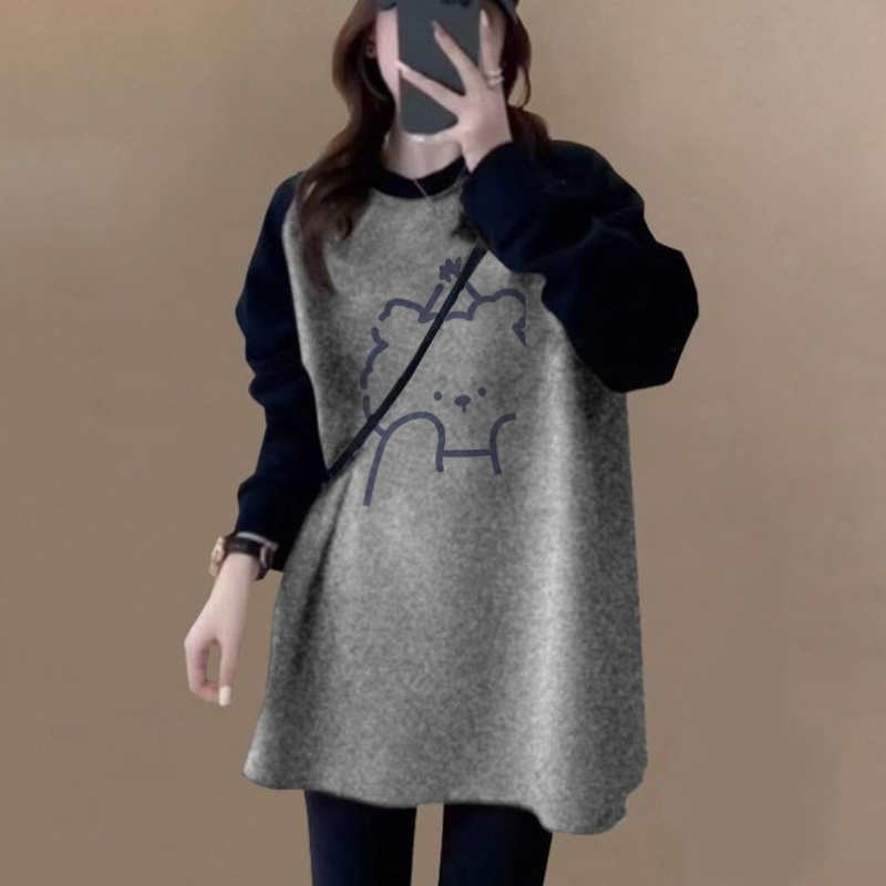 長版拼色磨毛上衣 寬鬆顯瘦 加厚保暖 搭配鯊魚褲超好看