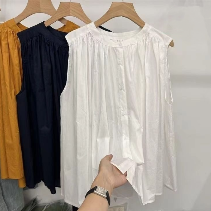 春夏無袖寬鬆版型素色襯衫 減齡顯瘦高級氣質感