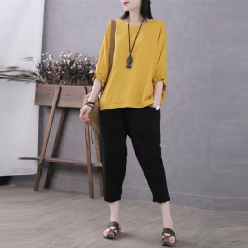 寬鬆五分袖上衣 春夏秋棉質 圓領縮口蓬袖 顯瘦百搭 外穿好搭