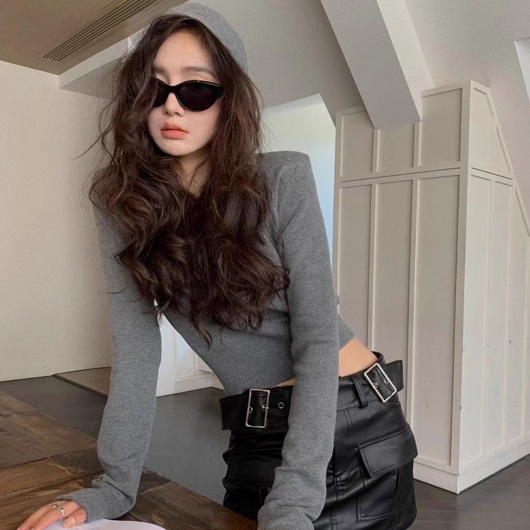 連帽針織短版上衣 5色修身 收腰顯瘦 長袖毛衣 秋季甜辣風