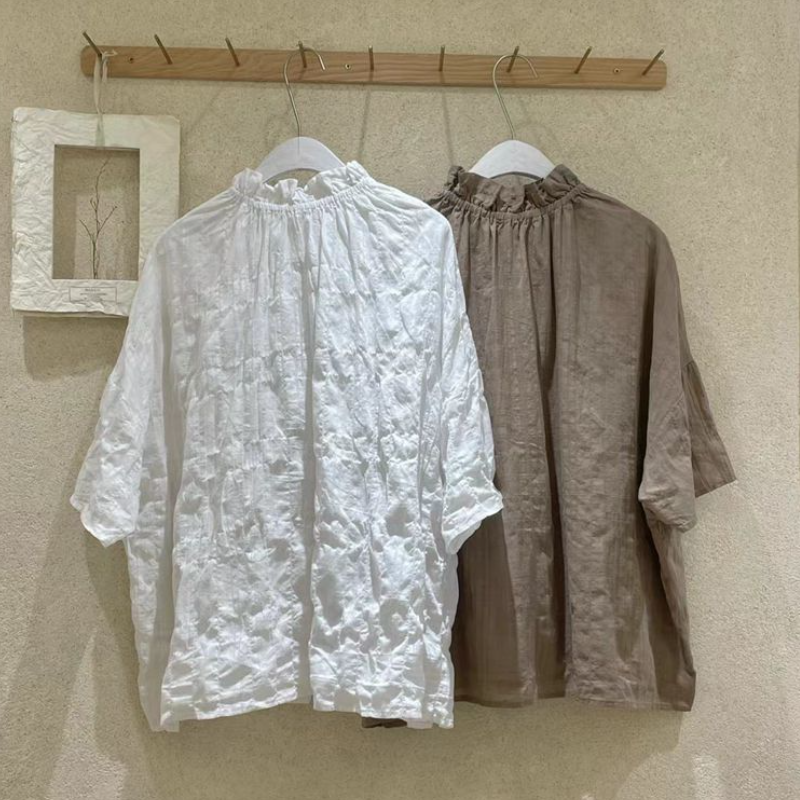 文青款​棉麻襯衫 雙面神級穿法 荷葉領文藝復古五分袖休閒上衣
