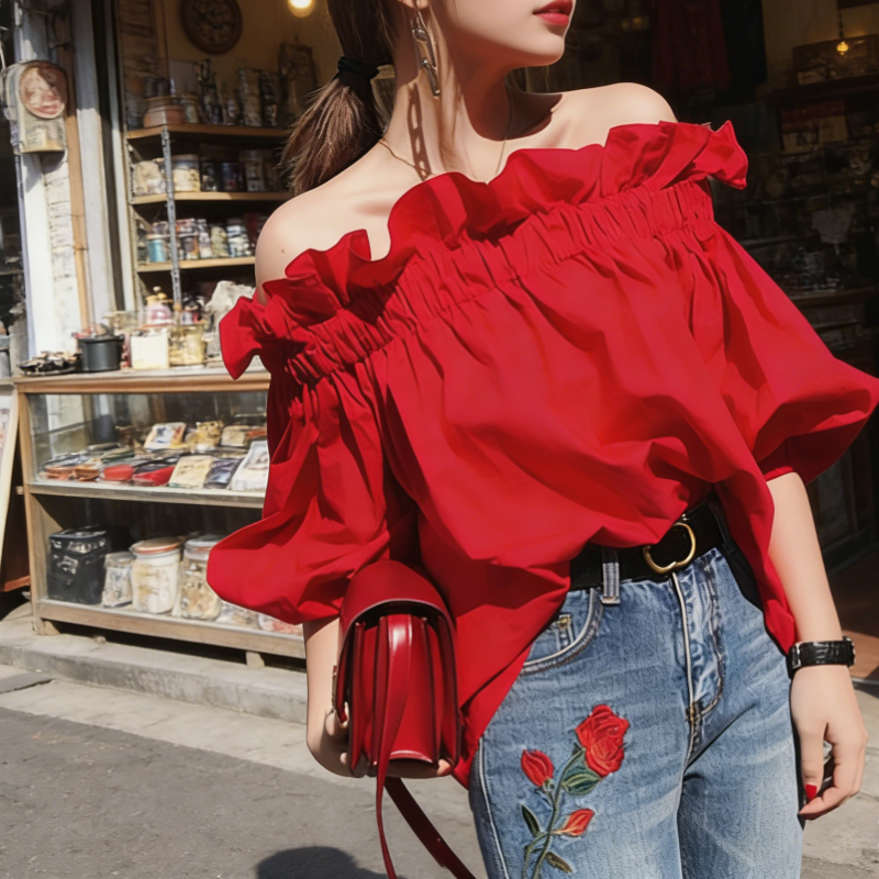 韓系浪漫一字領鬆緊紅色上衣 五分袖設計感襯衫 顯白亮紅鬆緊抓皺