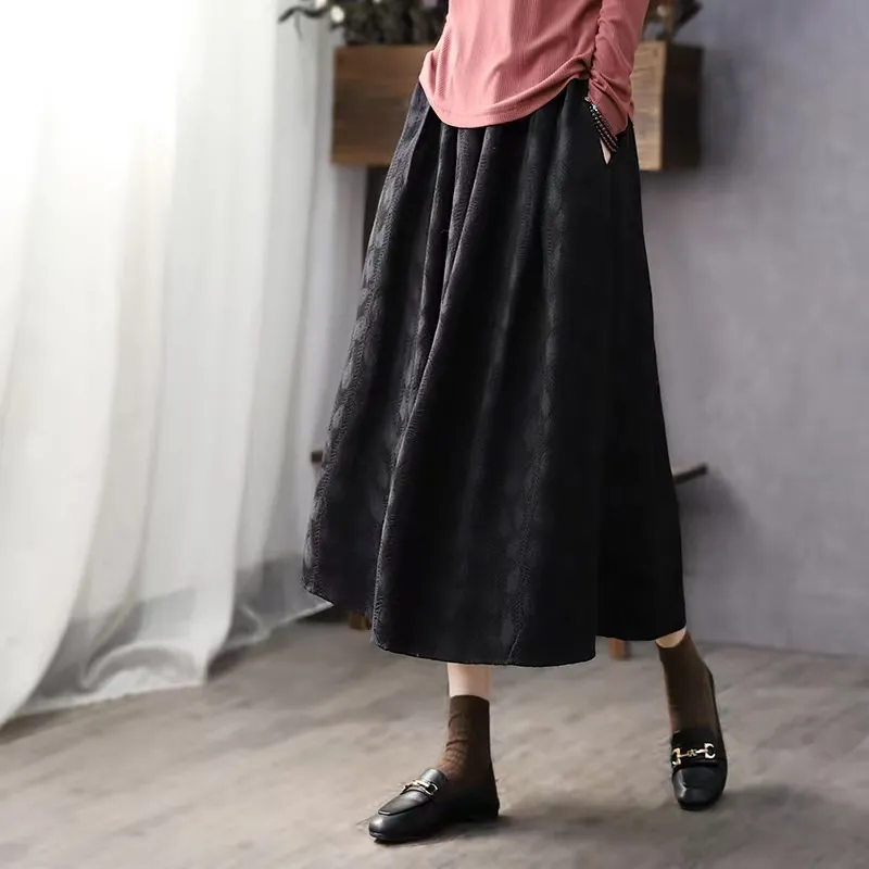 羽毛提花棉質高腰A字中長裙 秋冬文青感 顯瘦顯高