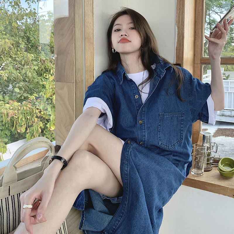 復古牛仔襯衫洋裝 中長版 翻領口袋 寬鬆顯瘦 清爽極簡