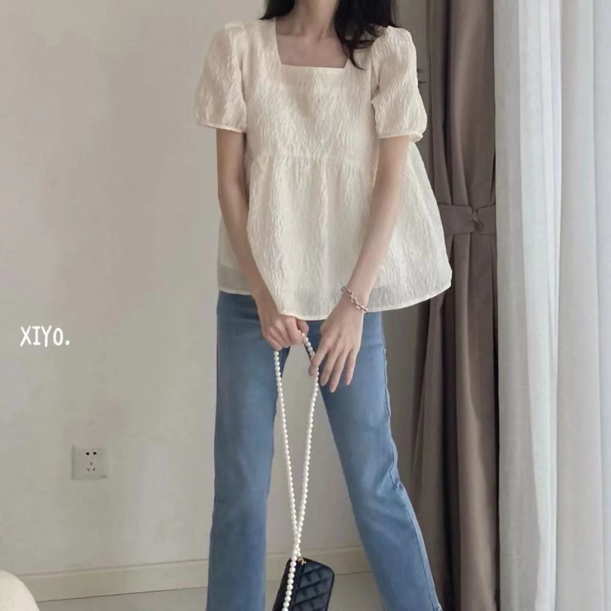 簡約 ‧ 純色方領泡泡袖上衣 宽松短袖襯衫法式肌理感