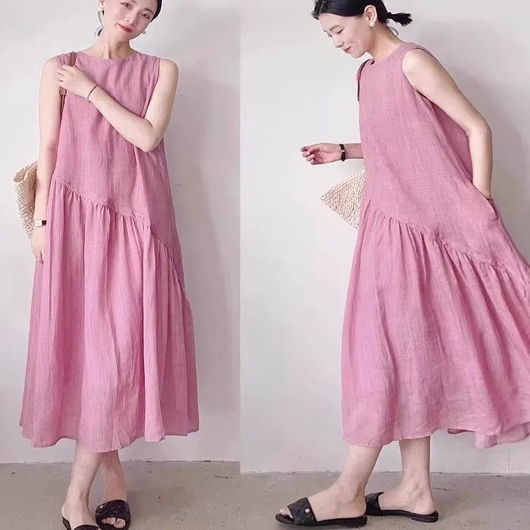 素色棉麻連身裙 韓系減齡棉質鬆身洋裝