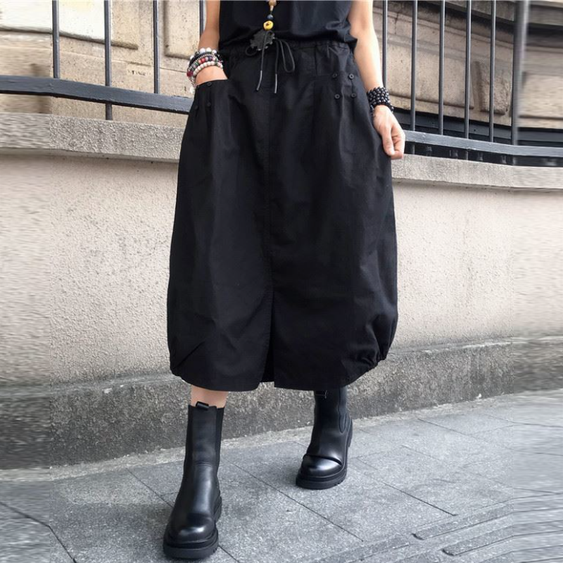 高腰鬆緊燈籠中長裙 春秋百搭 開衩設計 大尺碼友善M-4XL