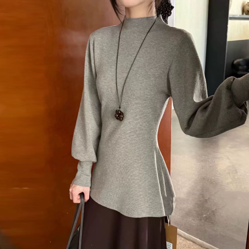 法式半高領荷葉擺針織上衣 燈籠袖 收腰版型 比例更好看