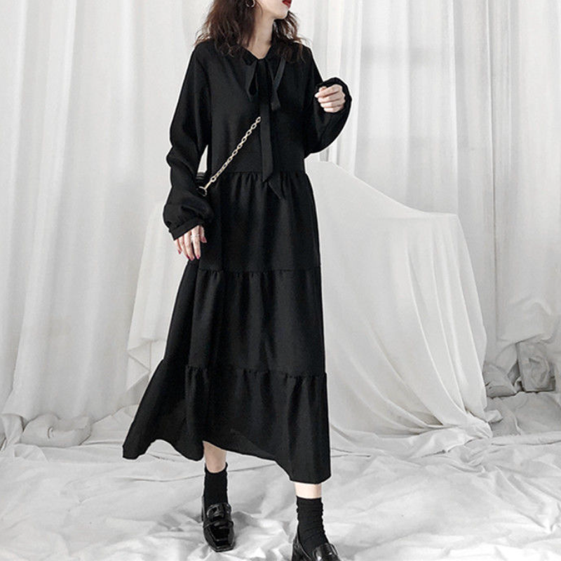 法式復古通勤小黑裙-寬鬆氣質桔梗裙 溫柔風秋季連身裙