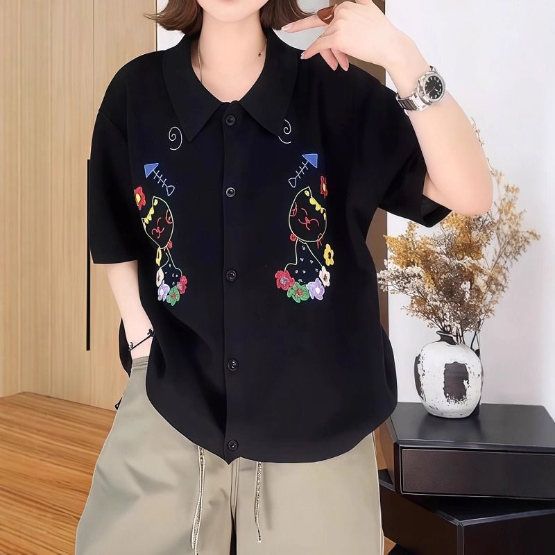 貓咪刺繡翻領短袖上衣 寬鬆造型設計款