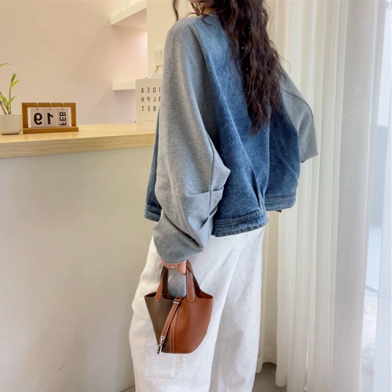 假兩件拼接牛仔外套 早秋新款 歐風時尚寬鬆外套上衣外搭