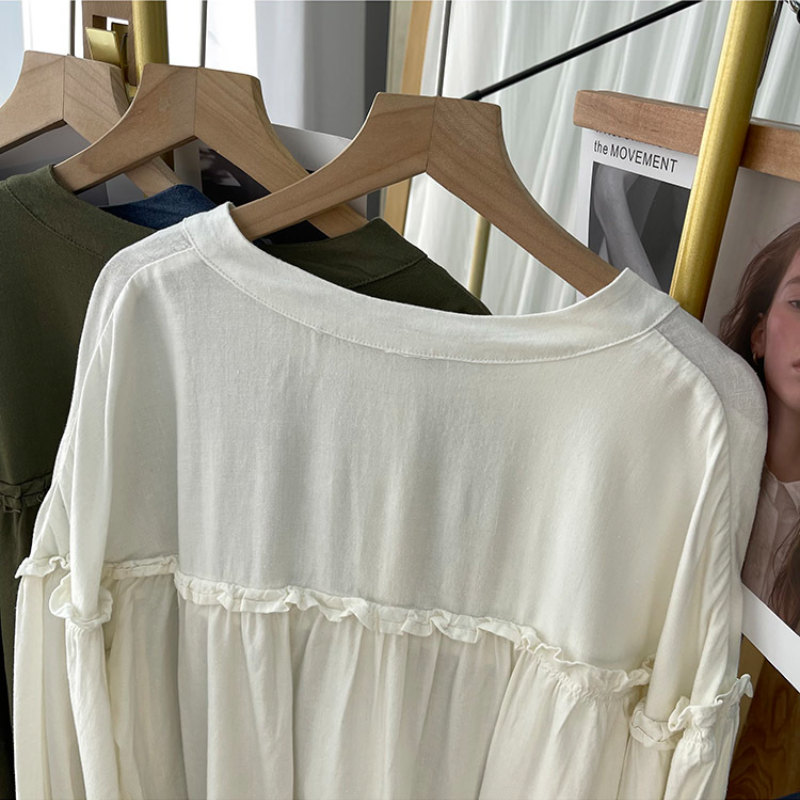 純棉燈籠袖襯衫 圓領排釦 荷葉邊拼接 寬鬆復古感