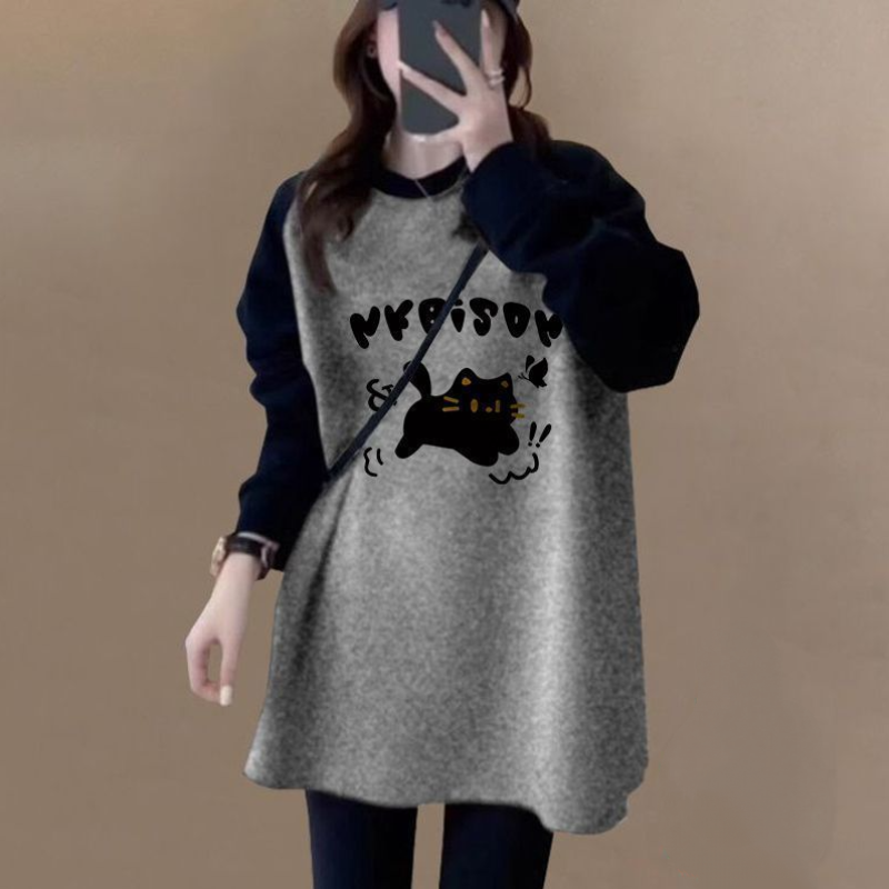 長版拼色磨毛上衣 寬鬆顯瘦 加厚保暖 搭配鯊魚褲超好看