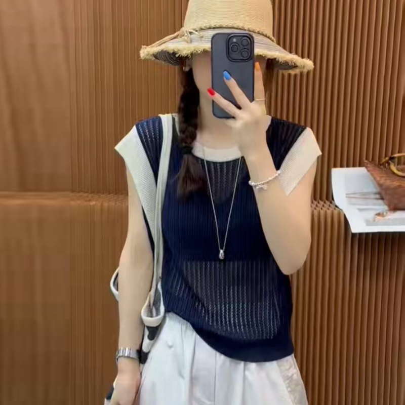 夏季冰涼針織鏤空上衣 條紋圓領小飛袖T恤 寬鬆百搭款