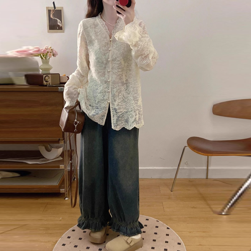 韓系復古三件式套裝 牛仔背心＋蕾絲襯衫＋寬鬆牛仔寬褲 成套穿搭 百搭有型