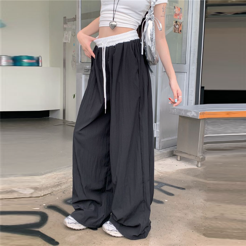 韓系·薄款抽繩工裝寬褲 復古拼接高腰寬鬆休閒褲