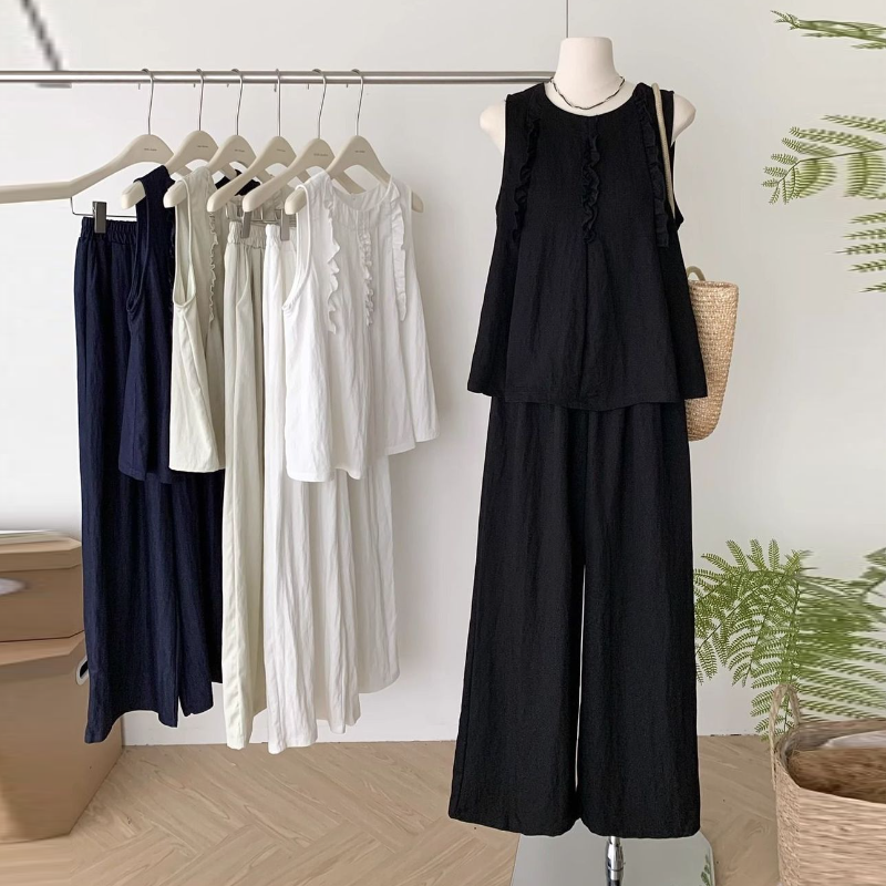 韓系木耳邊背心＋寬褲兩件式套裝 寬鬆修身顯瘦款 大尺碼友善版型